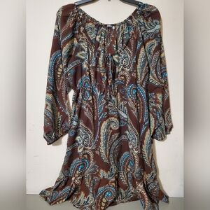 Boho Paisley Long Sleeve Dress - Brown/Blue Large